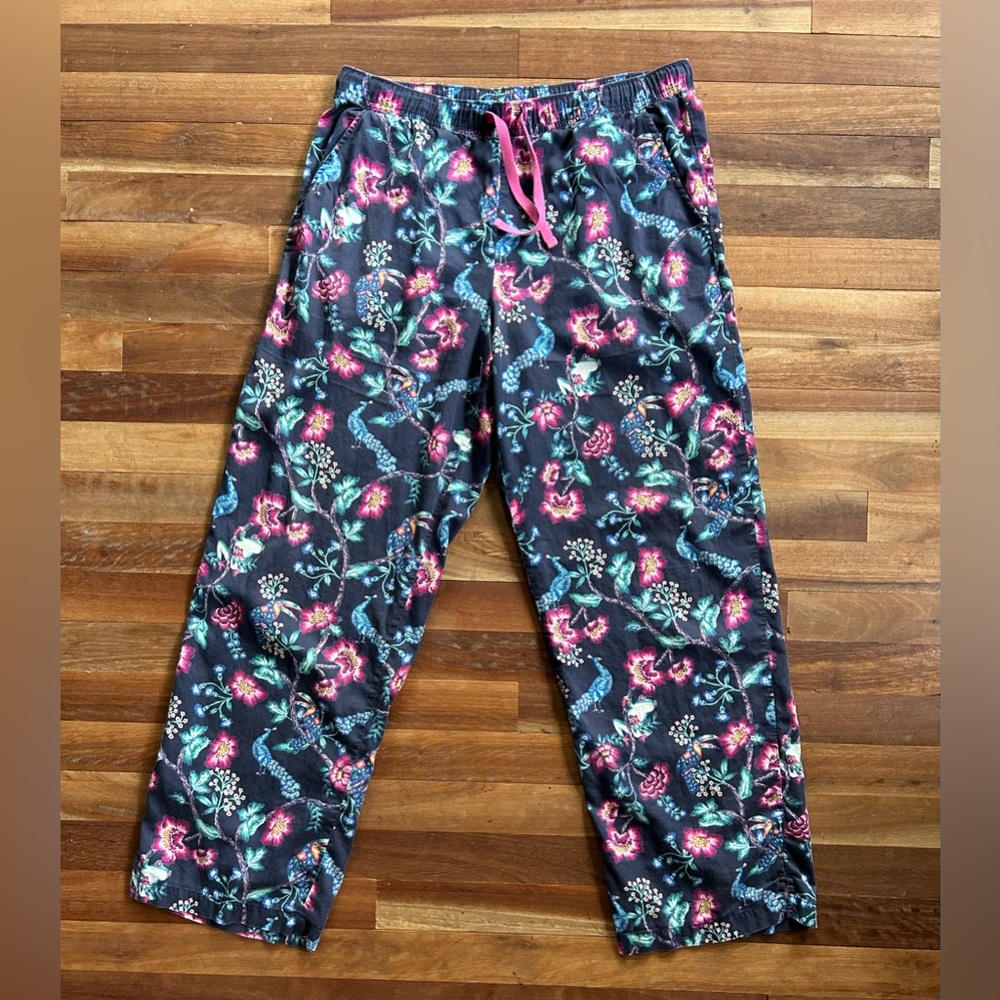 Women’s Floral Birds Pajama Pants - Pink Aqua on Navy Side pockets S